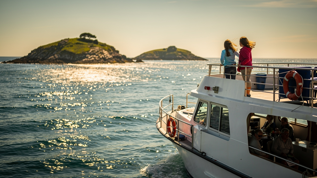 Un bateau de croisière navigue dans le golfe du Morbihan. Deux enfants se tiennent sur le pont et observent les îles au loin.