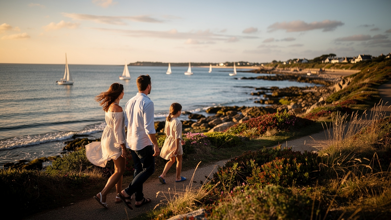Famille marchant sur un sentier côtier du golfe du Morbihan, avec vue sur la mer et des voiliers au loin.