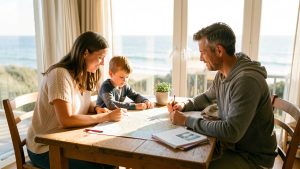 Famille avec deux enfants préparant un itinéraire de vacances en Bretagne dans un hébergement lumineux, devant une table ensoleillée avec un plan et des notes de voyage.