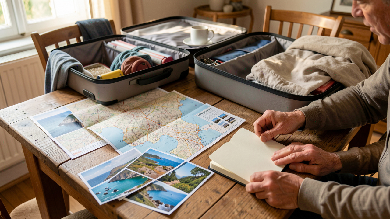 Une famille prépare ses vacances en Bretagne sur une table en bois : une carte, des valises ouvertes et un carnet de voyage, dans une ambiance chaleureuse près d’une fenêtre.