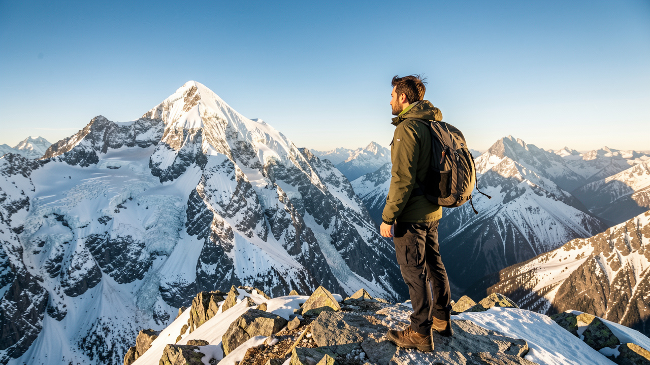 Voyageur avec sac à dos sur un sommet rocheux, observant des montagnes enneigées sous un ciel clair, ambiance d’altitude réaliste et lumineuse.
