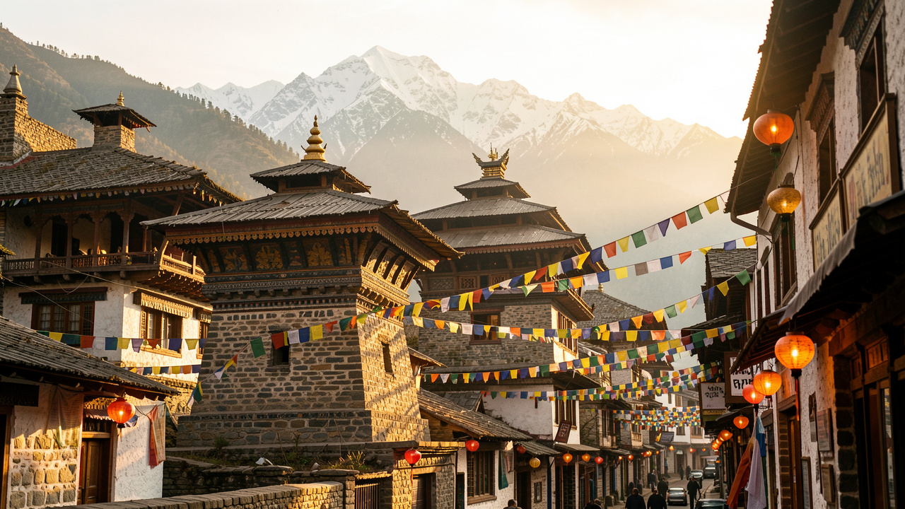 Vue de voyage au Népal : temples anciens en pierre, ruelles animées aux couleurs chaudes, montagnes himalayennes au loin sous une lumière dorée de lever de soleil.