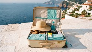 Valise légère ouverte contenant des vêtements pliés, des chapeaux, des sandales, des gourdes, de la crème solaire et des accessoires de voyage sur une terrasse ensoleillée face à la côte sicilienne.