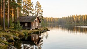 Cabane en bois isolée au bord d’un lac suédois, entourée de pins dans une douce lumière de fin d’été.