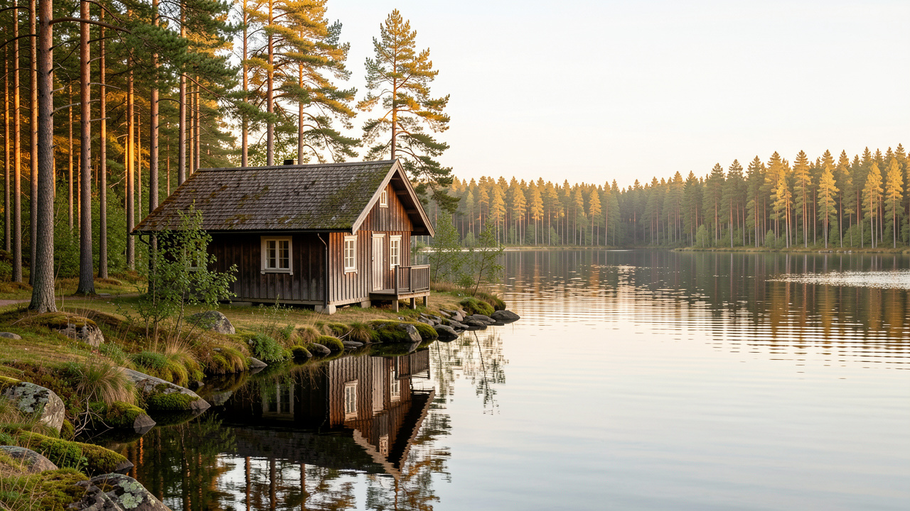 Cabane en bois isolée au bord d’un lac suédois, entourée de pins dans une douce lumière de fin d’été.