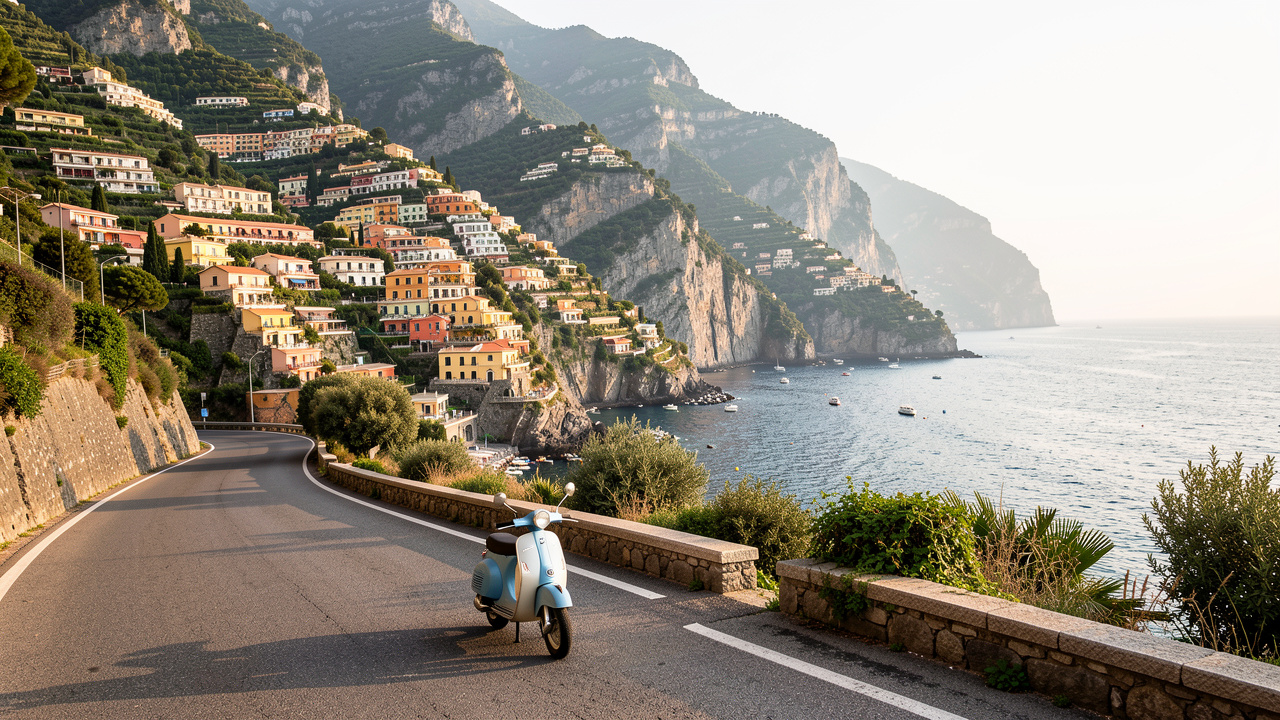 Route panoramique de la côte amalfitaine avec un scooter avançant paisiblement entre les falaises, les villages colorés et la mer Méditerranée.