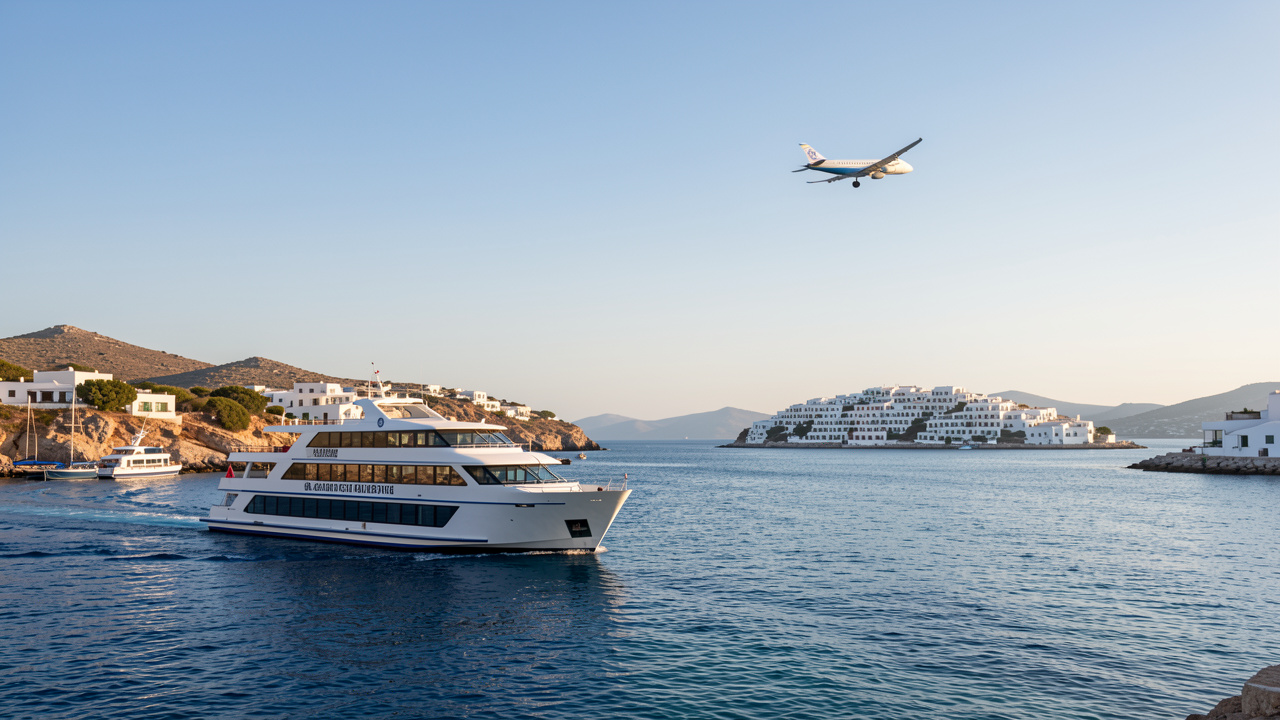 Ferry quittant un port d’île grecque tandis qu’un avion survole la mer en septembre.
