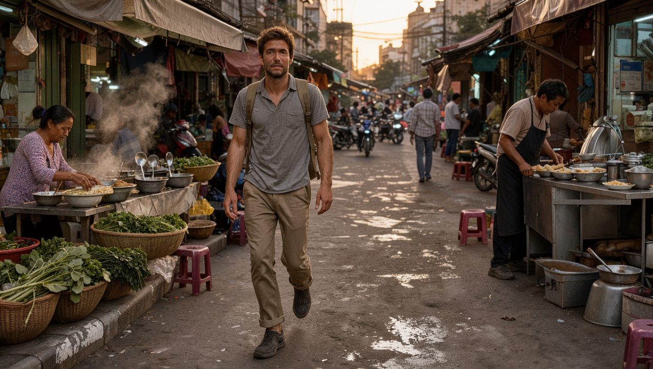 Un voyageur portant un sac léger marche dans une rue animée de Hanoï au petit matin, entre des étals de nourriture locale et une lumière dorée.